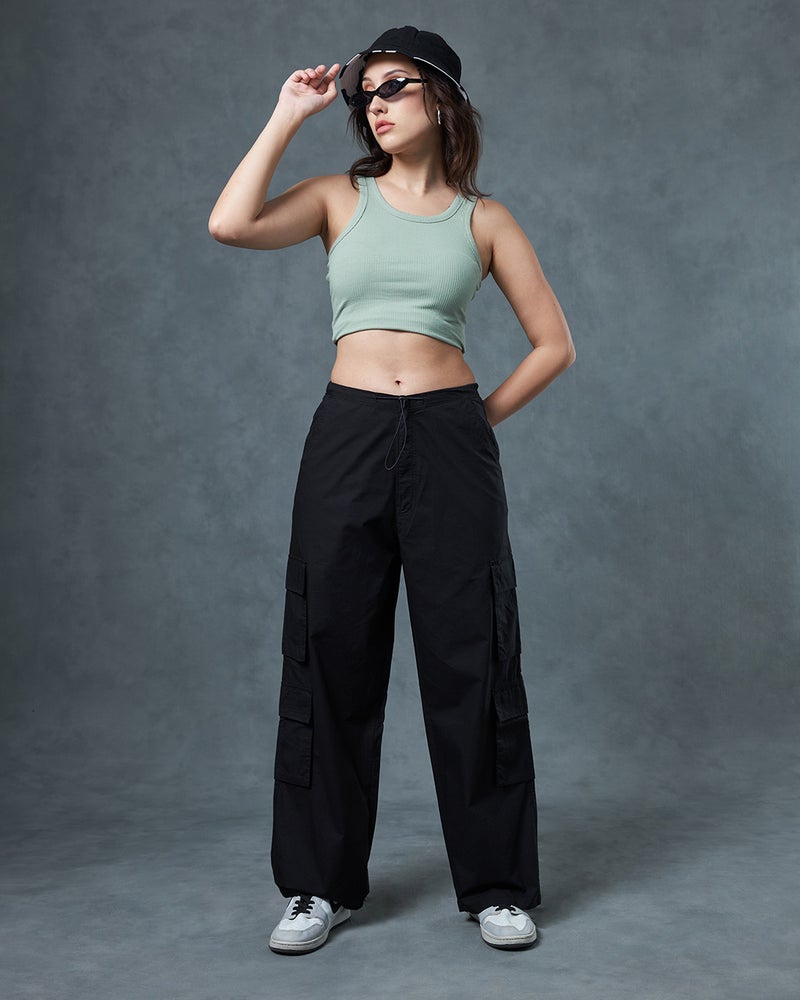 bewakoof Women's Black Baggy Oversized Cargo Parachute Pants - Image 4